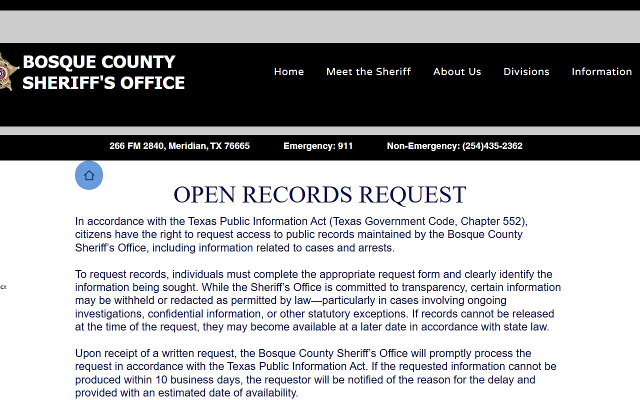 Bosque County sheriff records request page for booking photos